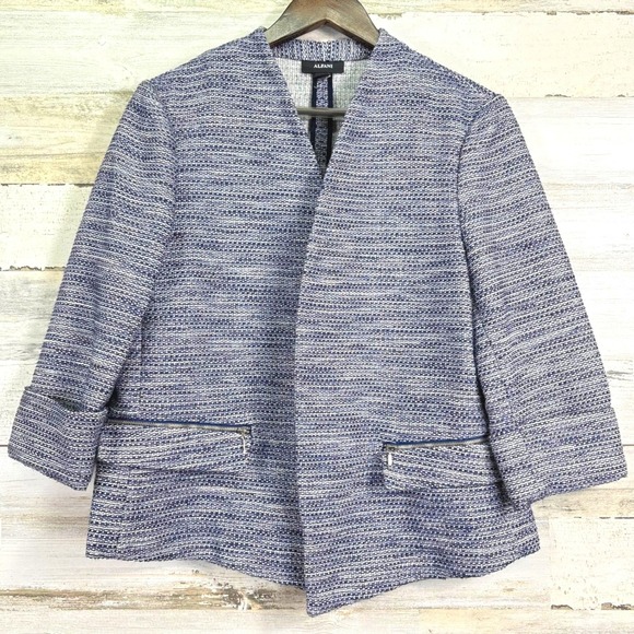 Alfani Jackets & Blazers - Alfani Size 12 Blue White Textured Open Front Blazer Jacket 3/4‎ Slv Zip Pockets